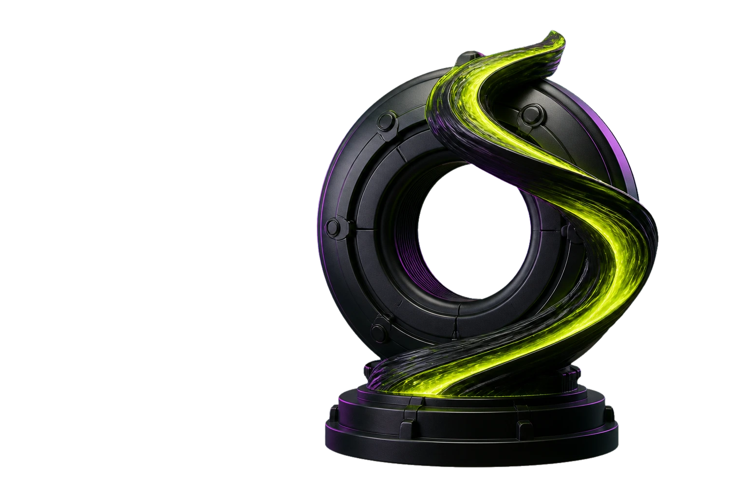 Transparent black capital sculpture wrapped in a luminous upward ribbon